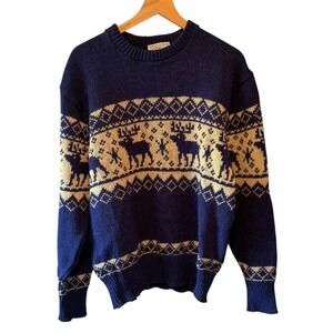 Vintage Timberline Moose Fair Isle Sweater Mens Large Navy Blue Made in USA